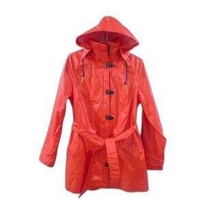 RARE Helly Hansen Striped Hooded Toggled Rain Coat - Red M